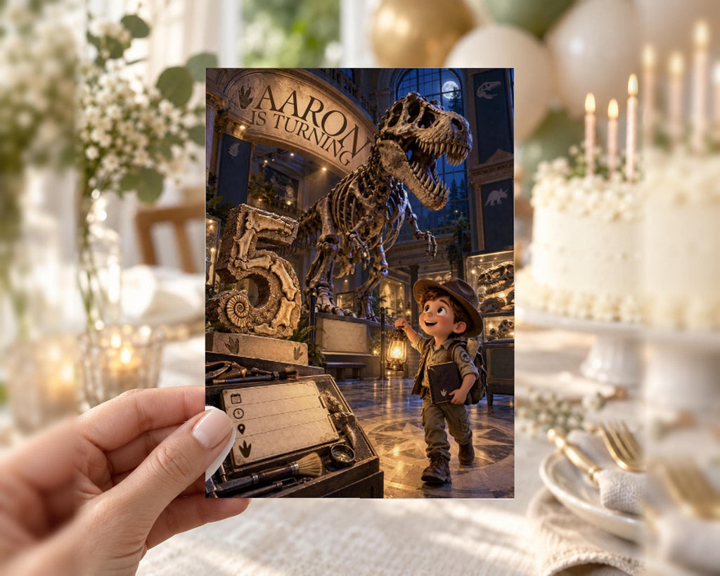 A hand holding a framed photograph of a dinosaur skeleton and a young boy, with a birthday cake and balloons in the background.