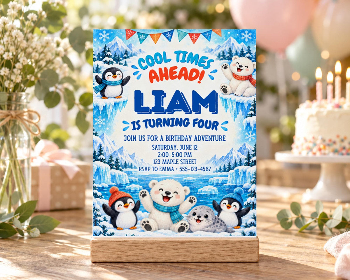 A birthday invitation featuring a winter theme with penguins and a polar bear, along with details about a birthday party.