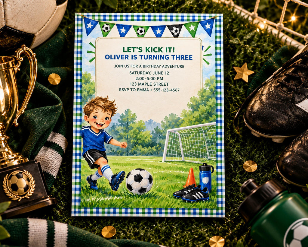 The image is a birthday invitation for a boy named Oliver, who is turning three years old. The invitation features a soccer theme, with a picture of a young boy playing soccer on a field. The invitation also includes details about the birthday party, such as the date, time, and location.