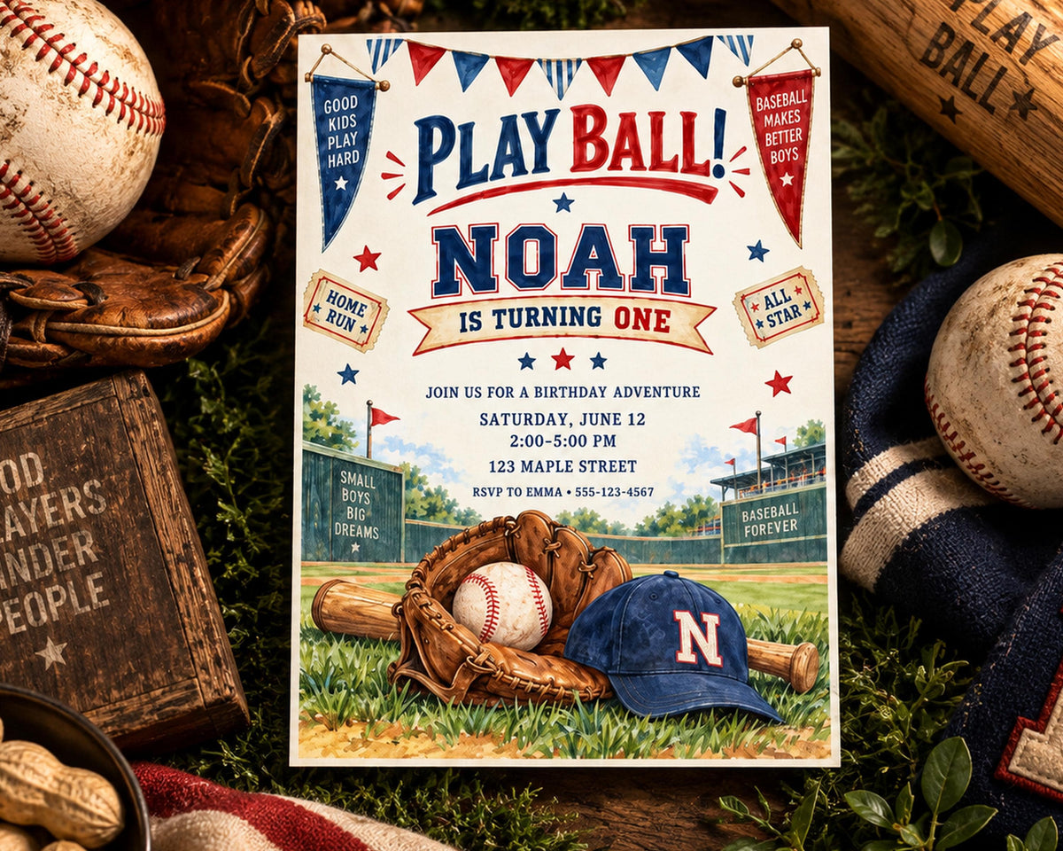 The image is a birthday invitation for a baseball-themed party, featuring a baseball glove, baseballs, and other baseball-related items arranged around the invitation.