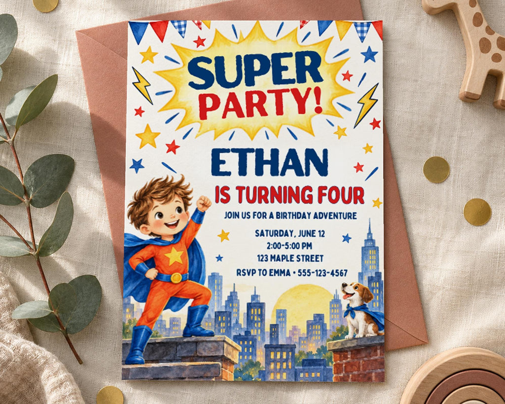 The image is a birthday party invitation for a boy named Ethan, who is turning four years old. The invitation features a superhero theme, with a young boy dressed as a superhero standing on a rooftop, and a dog accompanying him. The invitation includes details about the party, such as the date, time, and location, as well as the RSVP information.