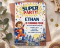 The image is a birthday party invitation for a boy named Ethan, who is turning four years old. The invitation features a superhero theme, with a young boy dressed as a superhero standing on a rooftop, and a dog accompanying him. The invitation includes details about the party, such as the date, time, and location, as well as the RSVP information.