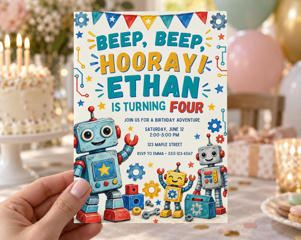 The image is a birthday invitation featuring a robot theme, with a birthday cake and balloons in the background.