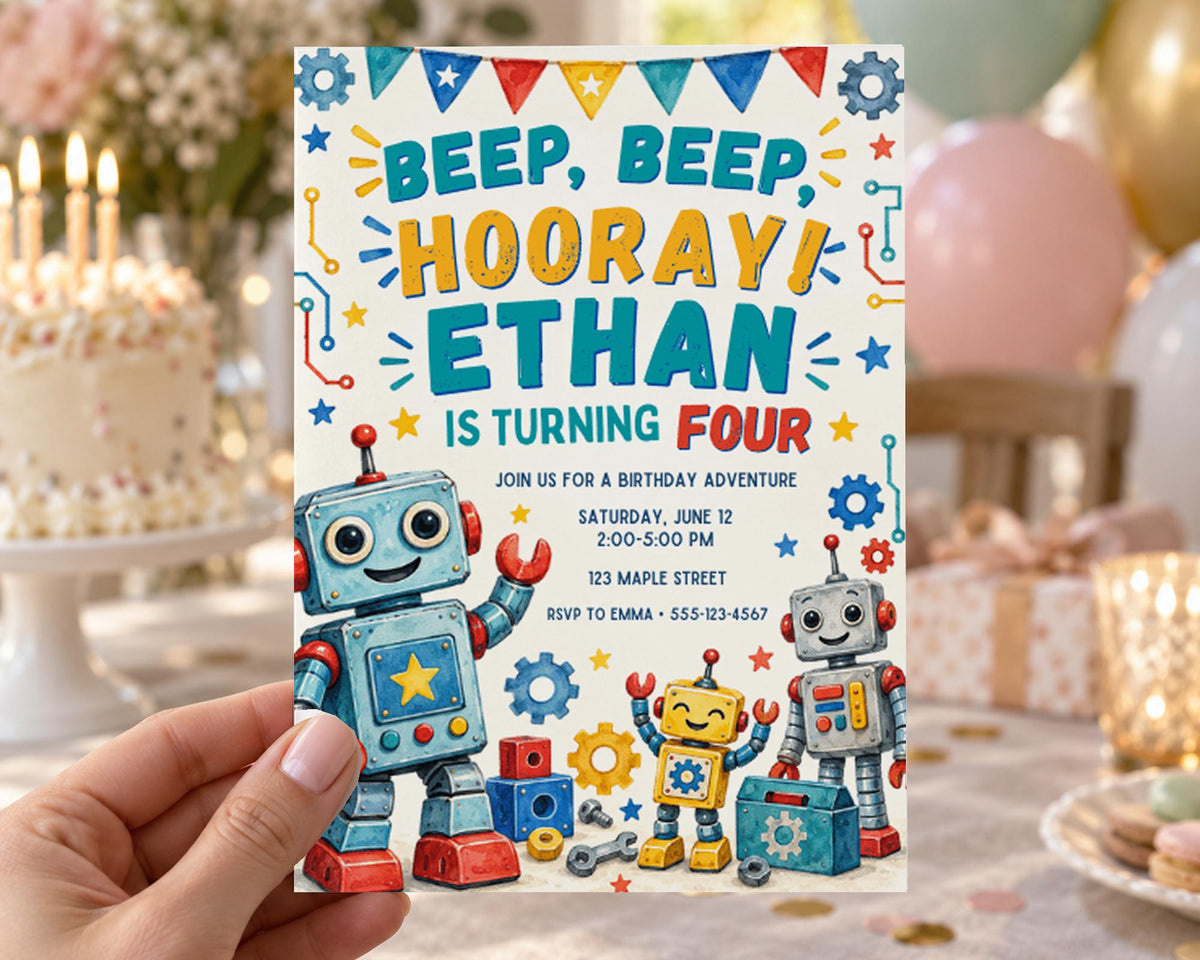 The image is a birthday invitation featuring a robot theme, with a birthday cake and balloons in the background.