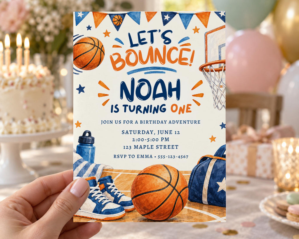 A birthday party invitation for a boy named Noah, featuring basketball and sports-themed decorations, with a hand holding the invitation.