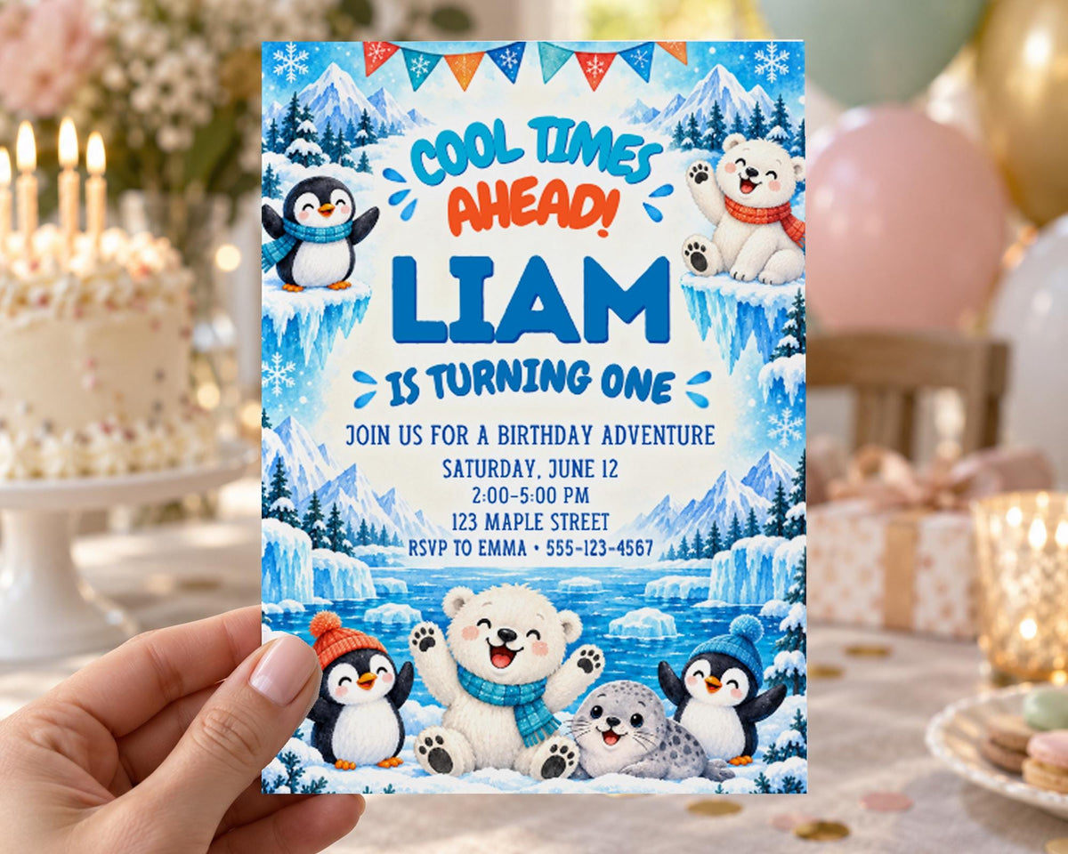 A birthday party invitation featuring a winter theme with penguins and a polar bear, along with a child's name and details about the event.