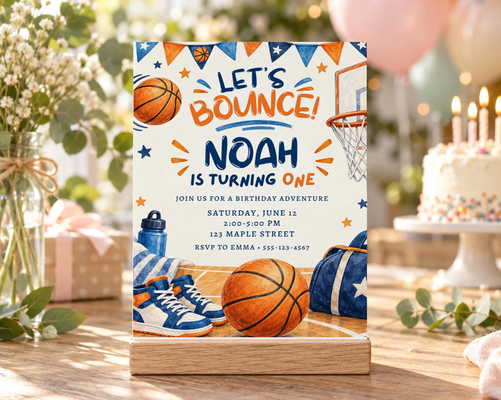 A birthday party invitation for Noah's first birthday, featuring basketball-themed illustrations and details about the event.