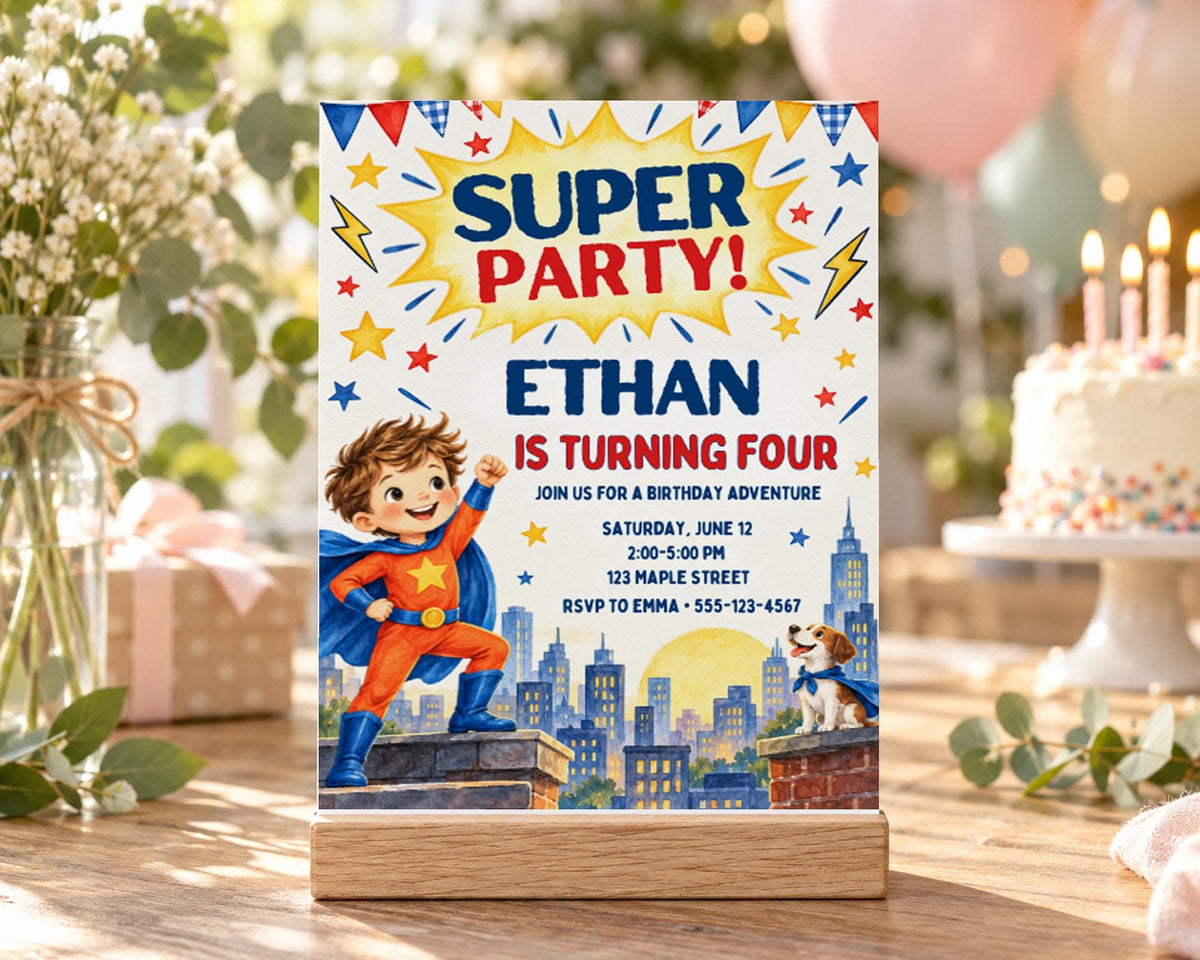 A birthday party invitation for a superhero-themed party for a child named Ethan, who is turning four. The invitation features a young boy dressed as a superhero, with a city skyline backdrop and a birthday cake in the background.
