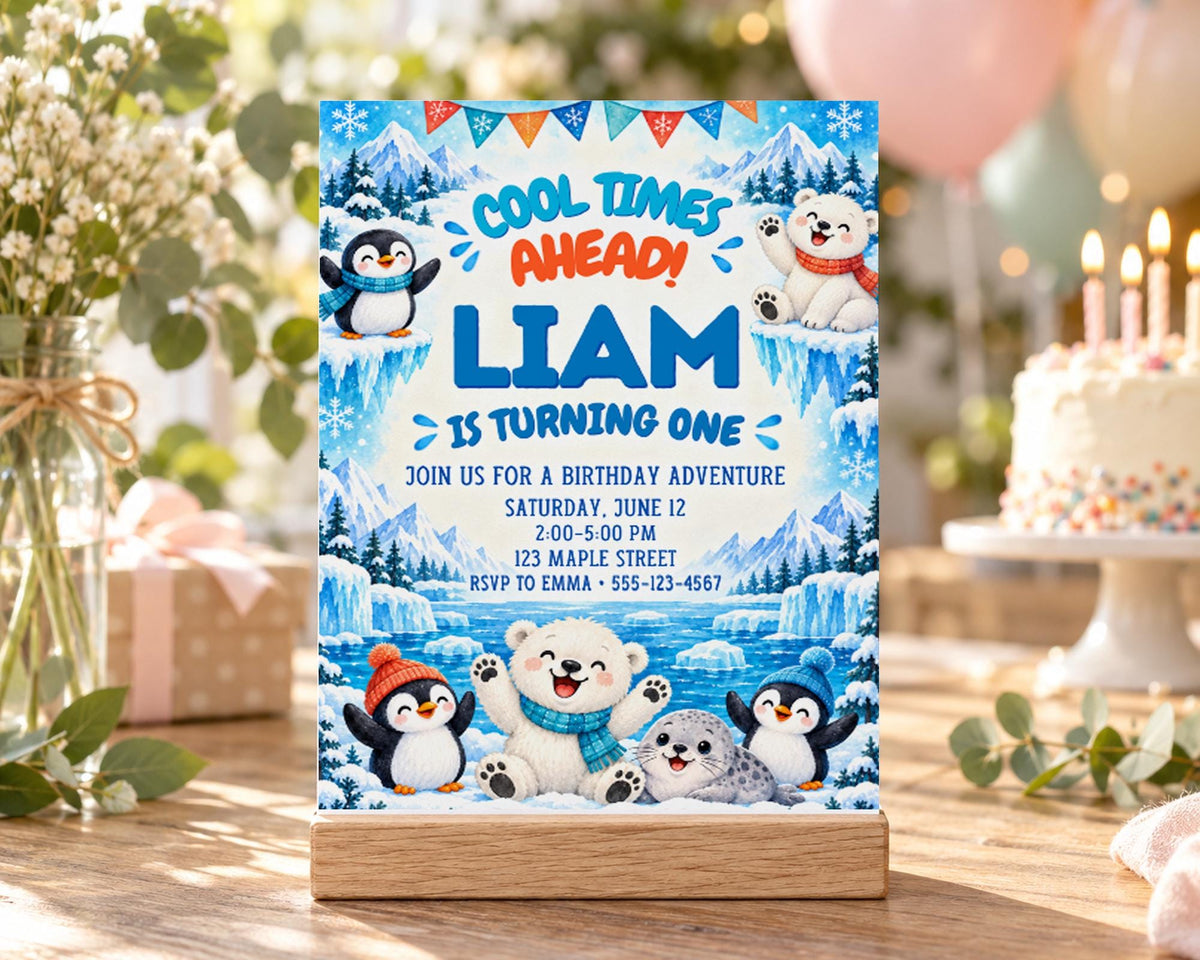 A birthday invitation for a child named Liam, featuring illustrations of penguins and a snowy landscape, with the text "Cool times ahead! Liam is turning one" and details about the birthday party.