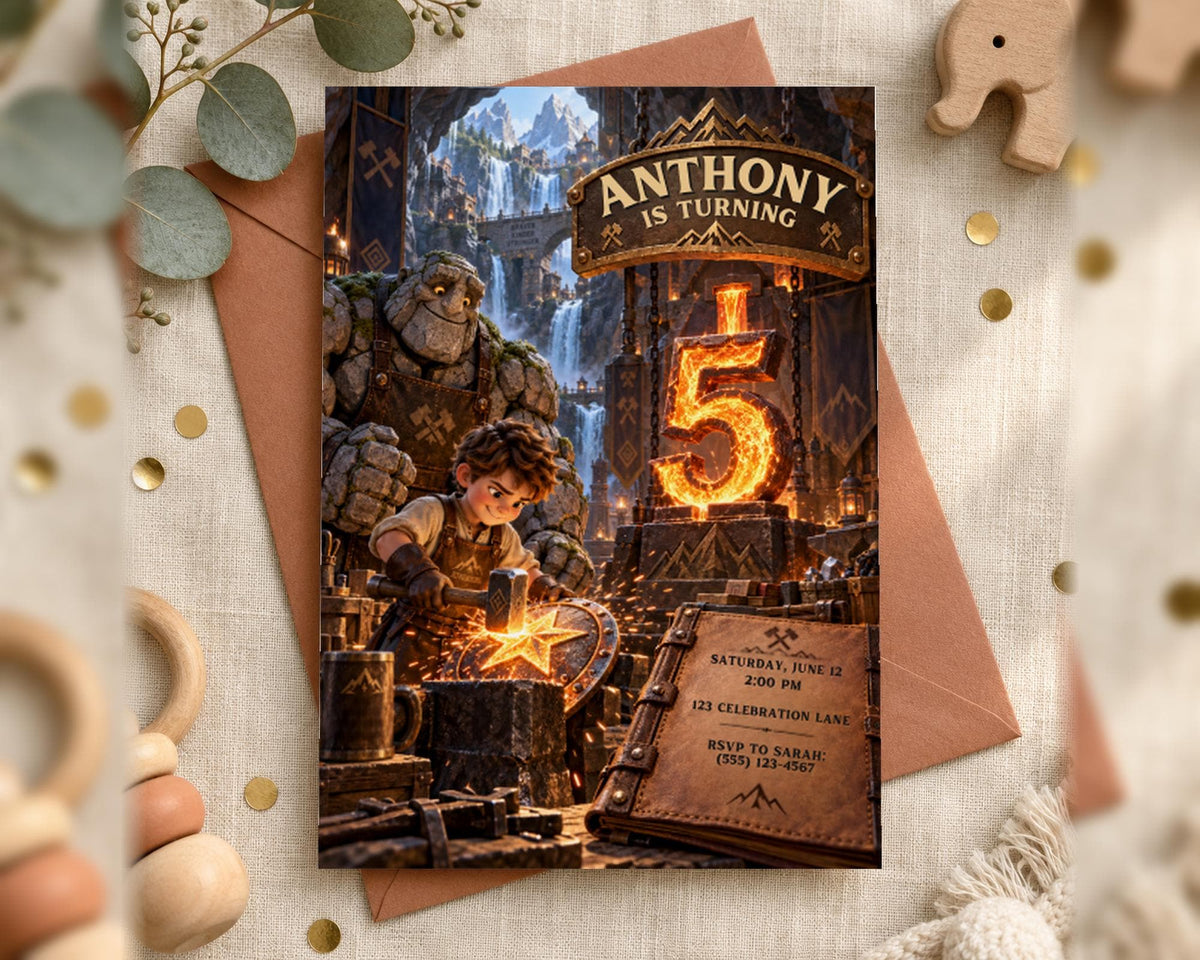 The image is a birthday invitation featuring a cartoon character, a young boy, and a large number 5, surrounded by a castle-like setting with a waterfall.