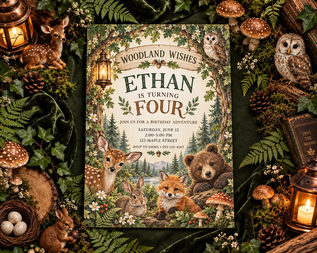 A birthday invitation featuring woodland animals such as deer, fox, and bear, surrounded by pine cones, mushrooms, and candles, with the text "Woodland Wishes Ethan is Turning Four" and details about the birthday party.