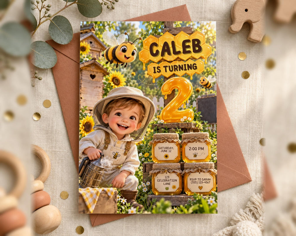 A birthday party invitation for a child named Caleb, who is turning 2 years old. The invitation features a cartoon image of a smiling child dressed in a beekeeper outfit, surrounded by a bee-themed garden.