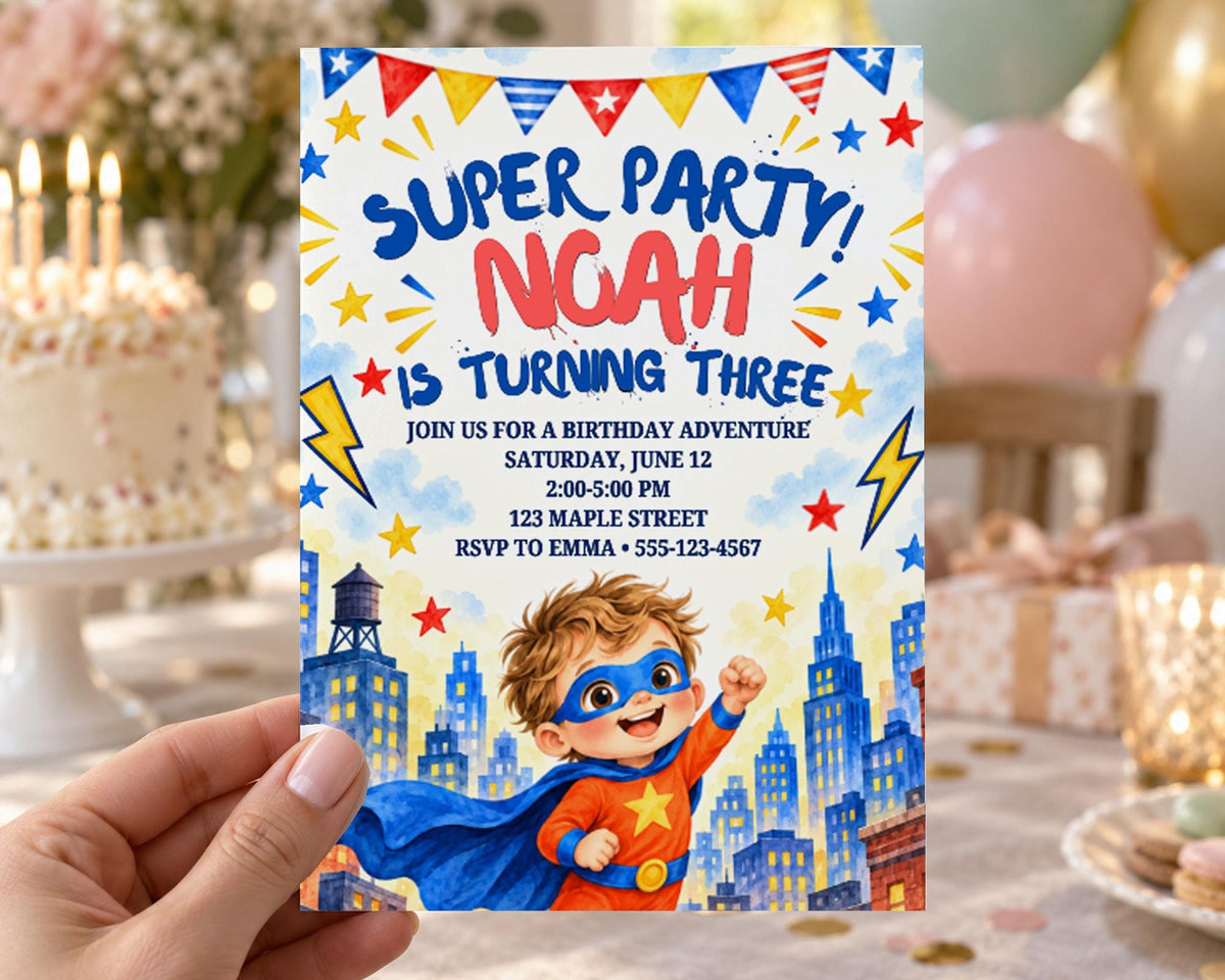 The image is a birthday party invitation for a child named Noah, who is turning three. The invitation features a superhero theme with a young boy dressed as a superhero, surrounded by a cityscape and colorful stars.