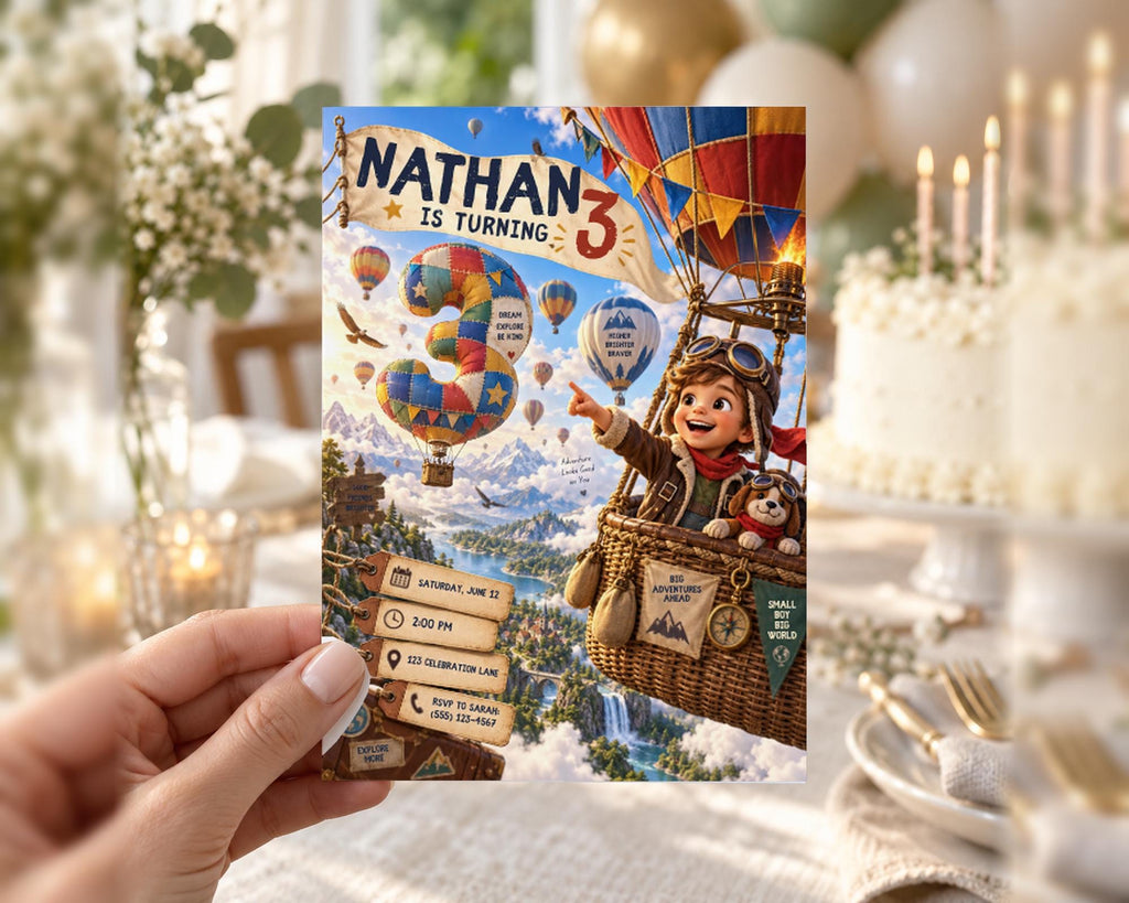 A birthday party invitation for a child named Nathan, featuring a hot air balloon, a character, and various other elements related to a birthday celebration.