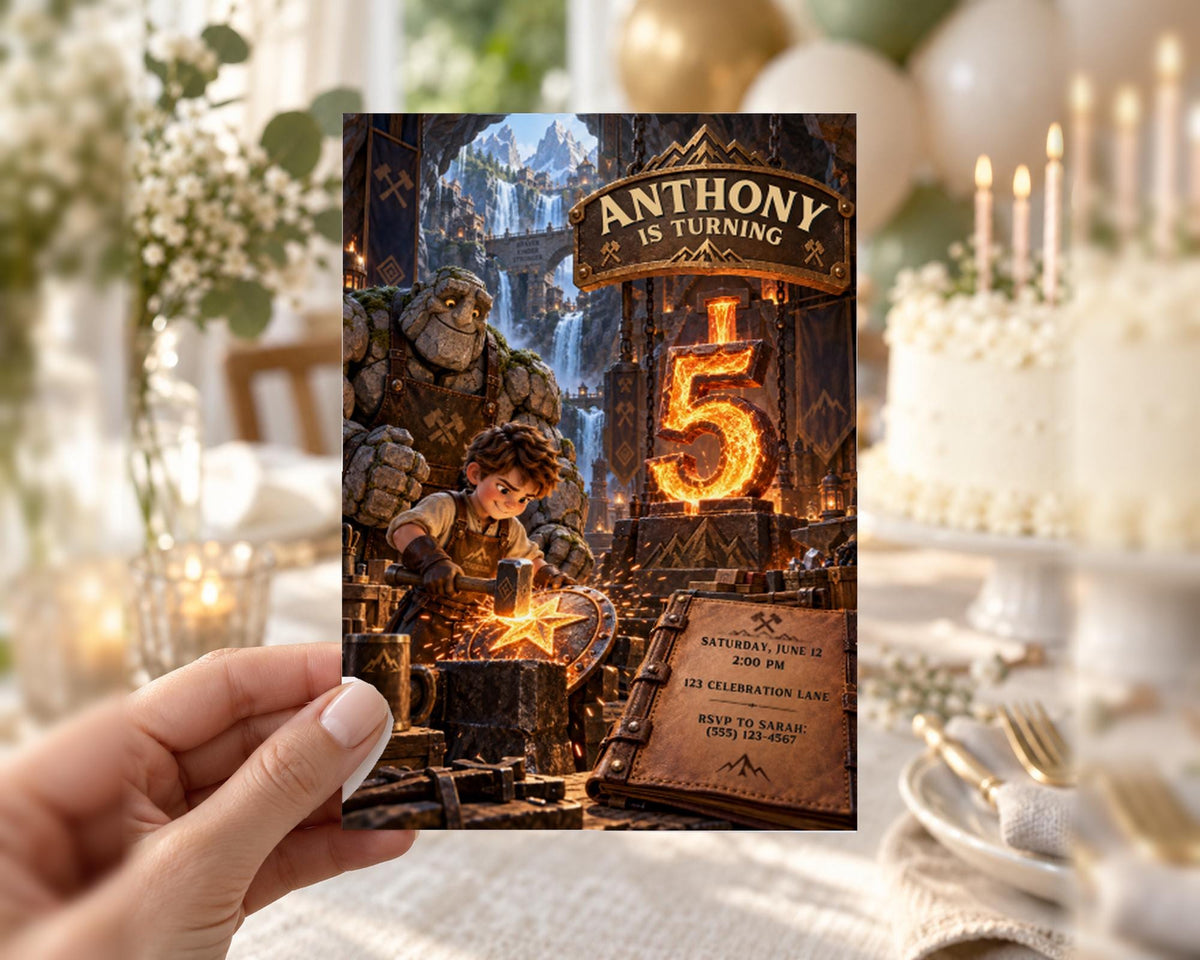 A hand holding a birthday invitation card with a fantastical scene featuring a large rock figure, a young boy, and a castle-like structure.