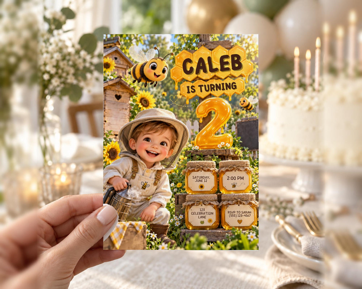 A birthday party invitation for a child named Caleb, who is turning 2 years old. The invitation features a cartoon image of a smiling child, surrounded by a bee-themed design, and includes details about the party schedule.