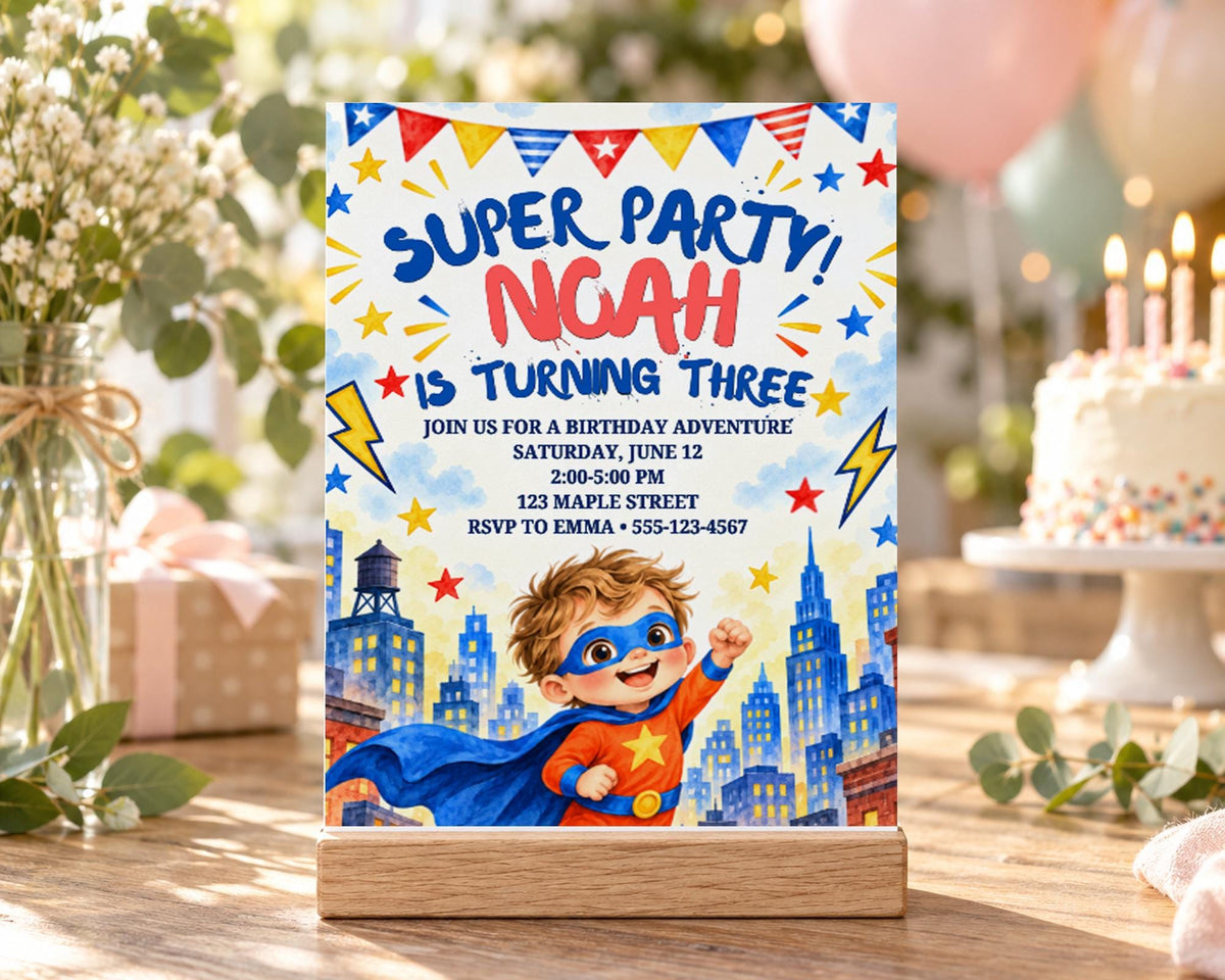 A birthday party invitation for Noah, who is turning three, featuring a superhero theme with a young boy in a superhero costume and a city skyline backdrop.