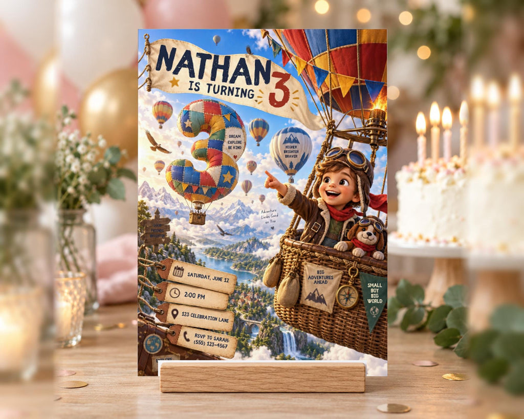 A birthday invitation for a child named Nathan, who is turning three years old. The invitation features a cartoon image of a young boy in a hot air balloon, with the text "Nathan is turning 3" prominently displayed.