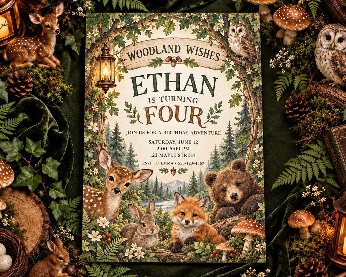 The image is a birthday invitation featuring woodland animals such as deer, fox, and bear, surrounded by a forest setting and flowers.