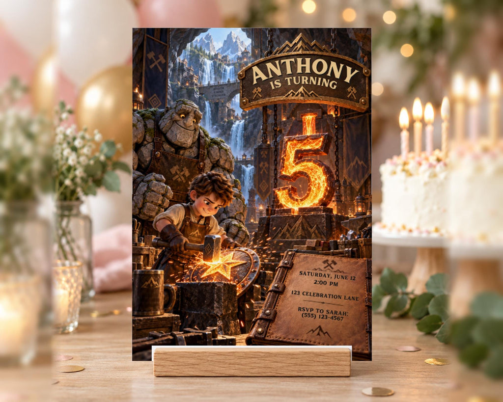 The image is a birthday invitation for a child named Anthony, celebrating his fifth birthday. The invitation features a cartoon character and a castle-like setting, with the text "ANTHONY is turning 5" prominently displayed.