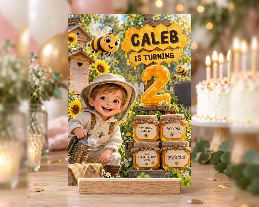 A birthday party invitation for a child named Caleb, who is turning 2 years old. The invitation features a cartoon image of a smiling child, surrounded by a bee-themed garden and a honeycomb.