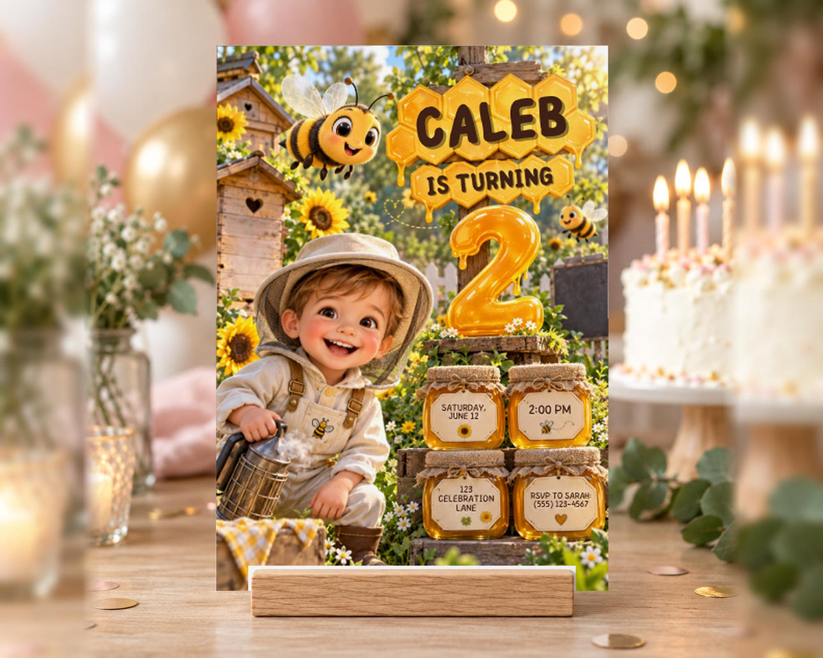 A birthday party invitation for a child named Caleb, who is turning 2 years old. The invitation features a cartoon image of a smiling child, surrounded by a bee-themed garden and a honeycomb.