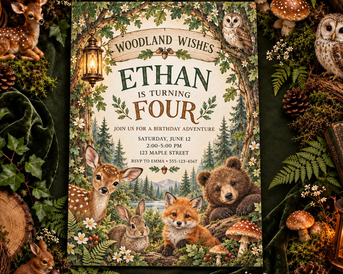 The image is a birthday invitation featuring woodland animals such as deer, bear, rabbit, and fox, surrounded by a forest scene and flowers.