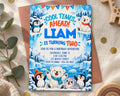 The image is a birthday invitation for a boy named Liam, featuring illustrations of penguins and polar bears, along with a winter theme.