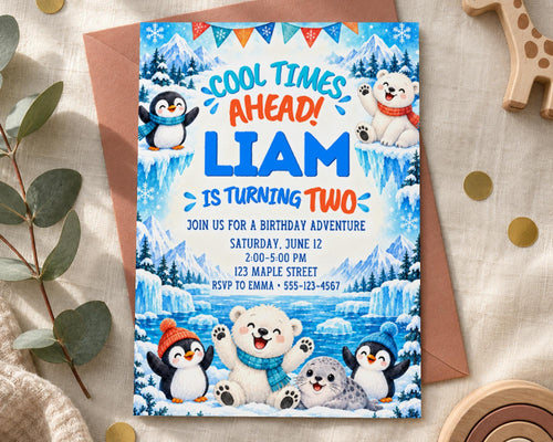 The image is a birthday invitation for a boy named Liam, featuring illustrations of penguins and polar bears, along with a winter theme.