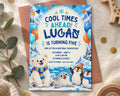 The image is a birthday invitation for a five-year-old named Luca, featuring illustrations of a polar bear, penguins, and seals, along with a winter theme.