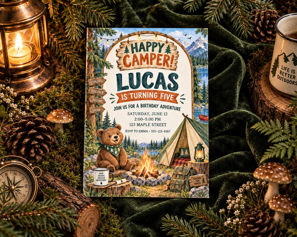 The image is a birthday invitation for a child named Lucas, featuring a camping theme with a teddy bear, a tent, and a campfire.
