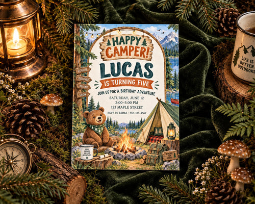 The image is a birthday invitation for a child named Lucas, featuring a camping theme with a teddy bear, a tent, and a campfire.