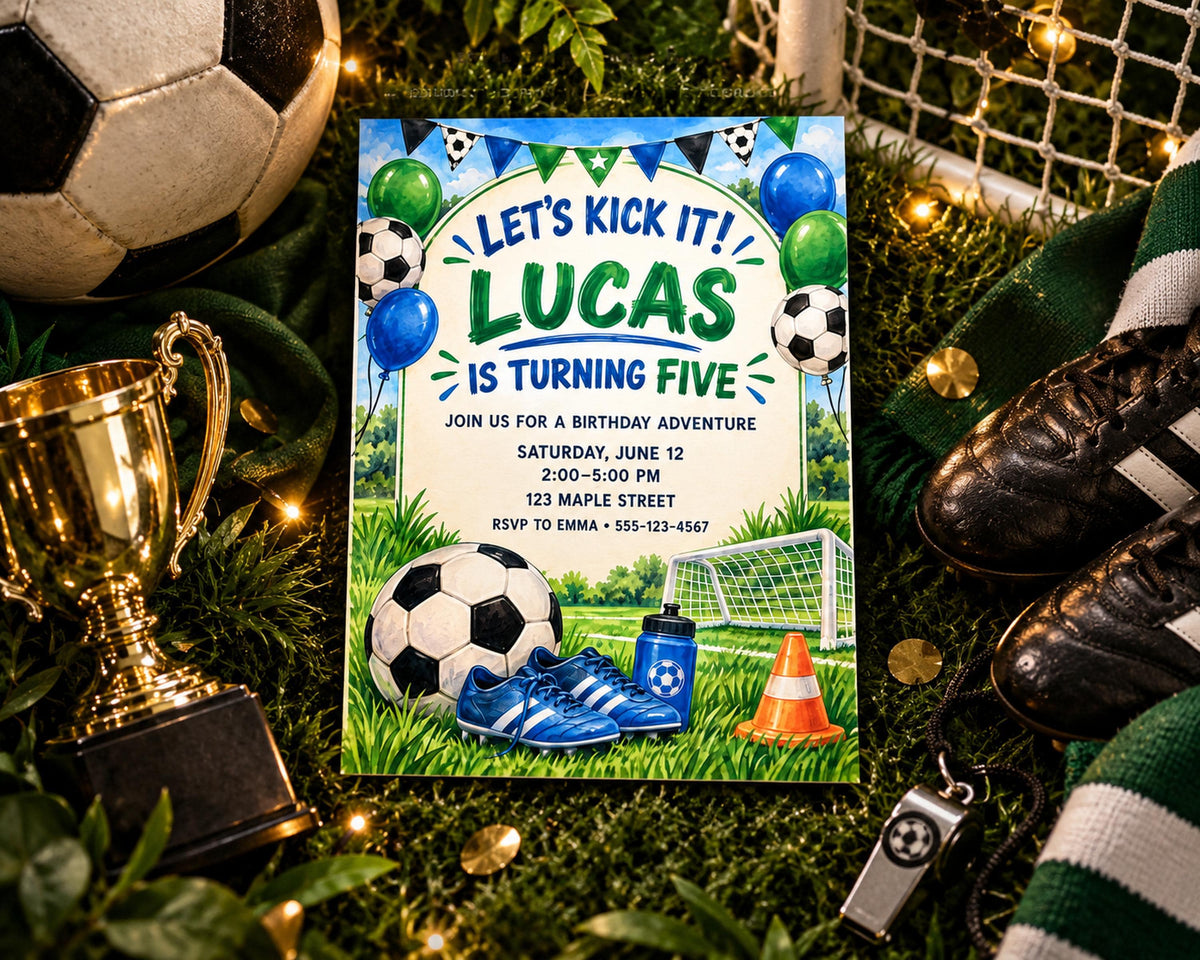 The image is a birthday party invitation for a child named Lucas, who is turning five years old. The invitation features soccer-themed decorations, including a soccer ball, a trophy, and soccer cleats.
