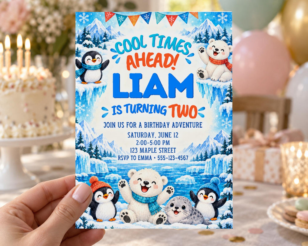 A birthday party invitation featuring a winter theme with penguins and a polar bear, along with details about the upcoming birthday party.