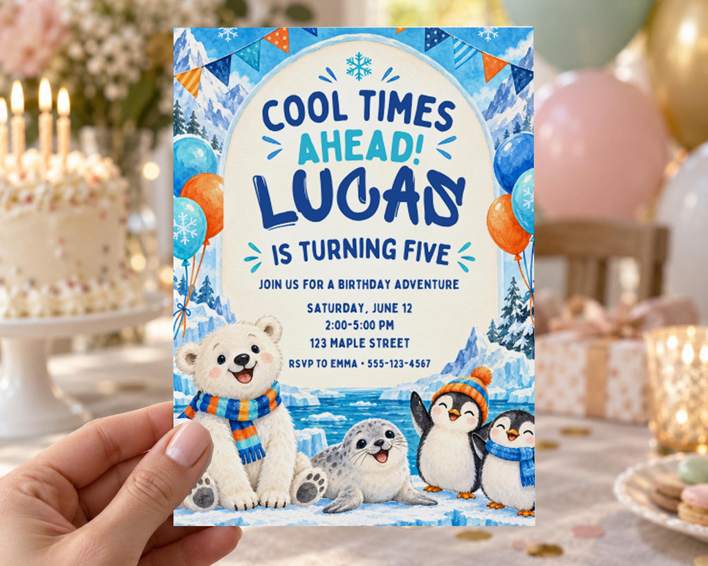A hand holding a birthday invitation card with illustrations of a polar bear, penguins, and snowflakes, along with text inviting guests to a birthday adventure.