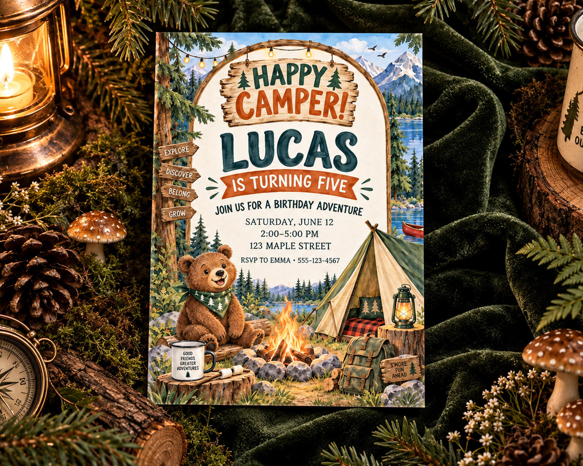 The image is a birthday invitation for a child named Lucas, who is turning five years old. The invitation features a camping theme with a teddy bear, a tent, and a campfire. The text on the invitation reads "Happy Camper! Lucas is Turning Five" and provides details about the birthday party, including the date, time, location, and RSVP information.