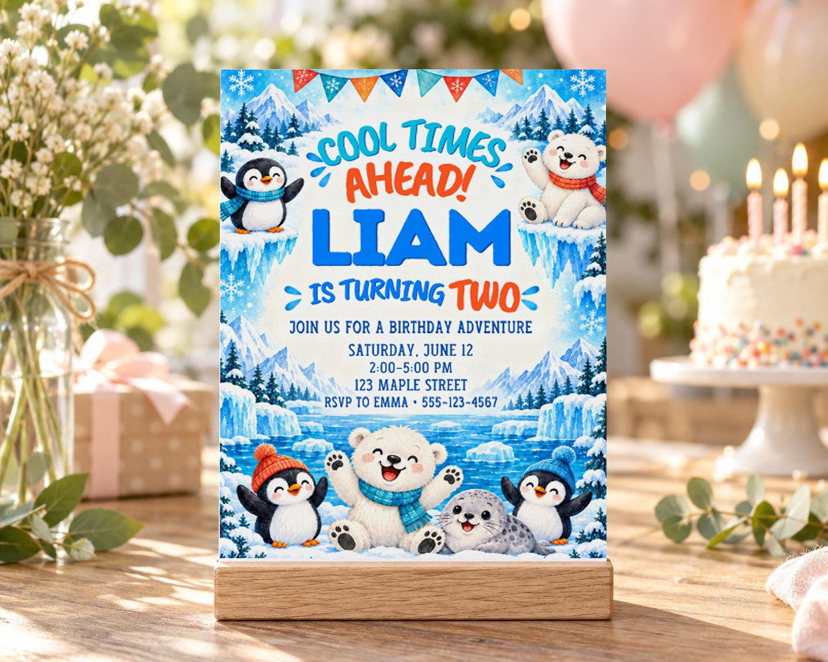 A birthday party invitation for a child named Liam, who is turning two years old. The invitation features illustrations of penguins and a snowy landscape, along with the text "Cool times ahead! Liam is turning two" and "Join us for a birthday adventure".