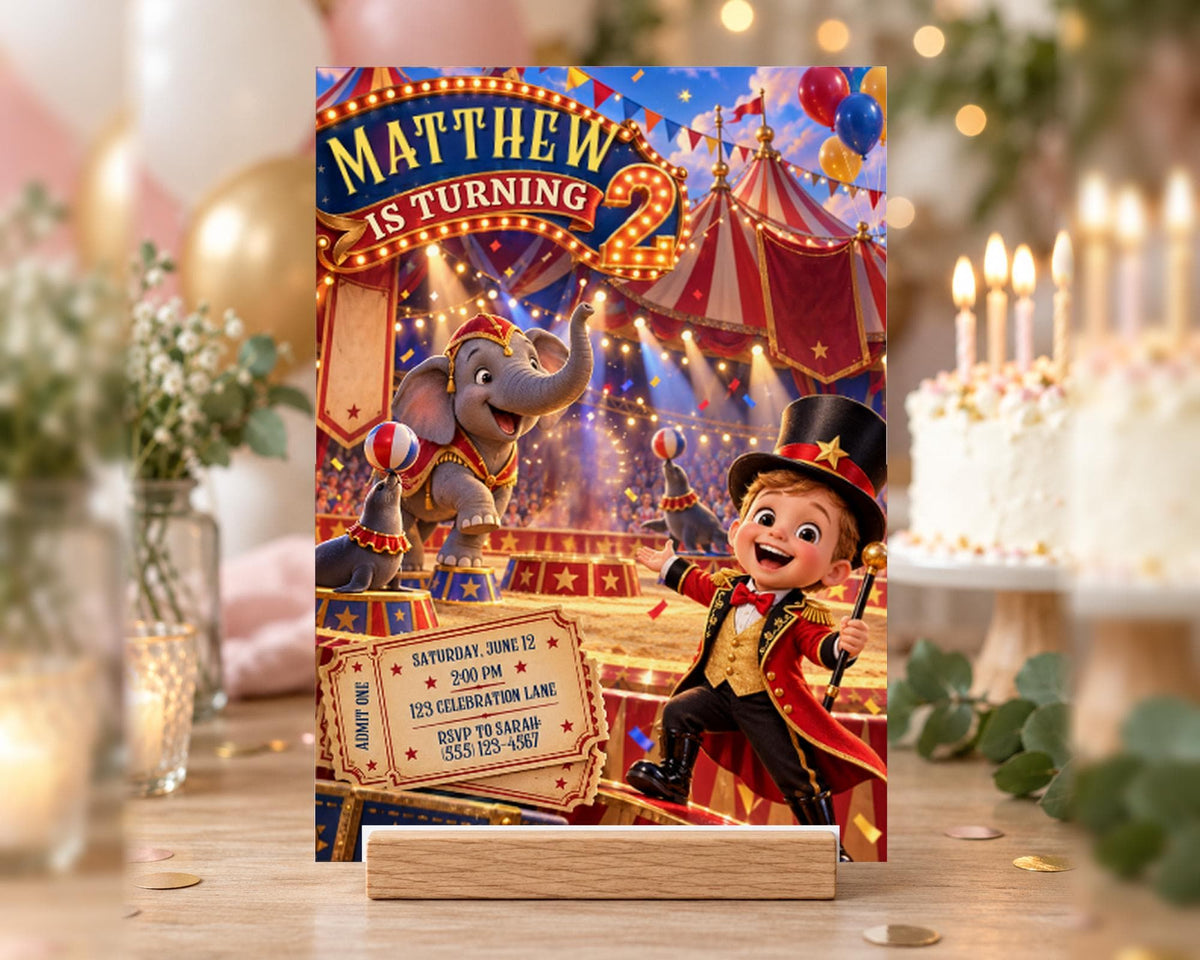 A birthday party invitation featuring a circus theme, with a young boy dressed as a circus performer and an elephant in the background.