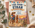 The image is a birthday invitation for a boy named Ethan, featuring a cowboy theme with a cowboy riding a horse and a desert landscape in the background.