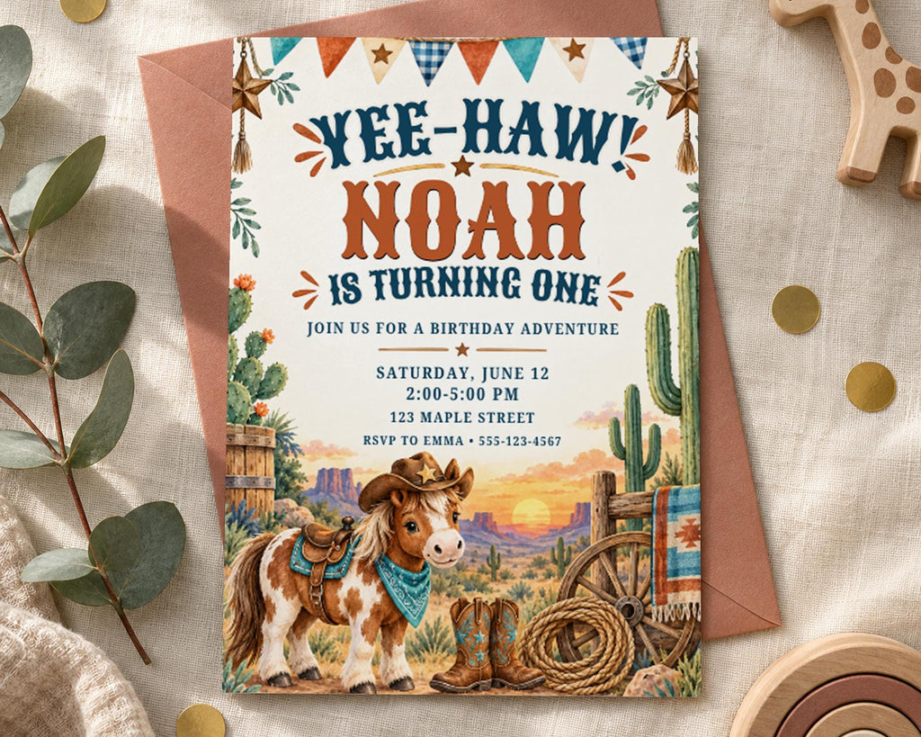 The image is a birthday invitation for a boy named Noah, featuring a cowboy theme with a horse, cactus, and other desert-themed elements.