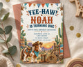 The image is a birthday invitation for a boy named Noah, featuring a cowboy theme with a horse, cactus, and other desert-themed elements.