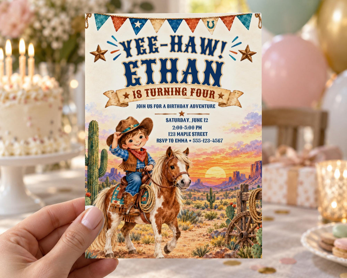 The image is a birthday invitation for a boy named Ethan, featuring a cowboy theme with a cowboy riding a horse and a desert landscape in the background.