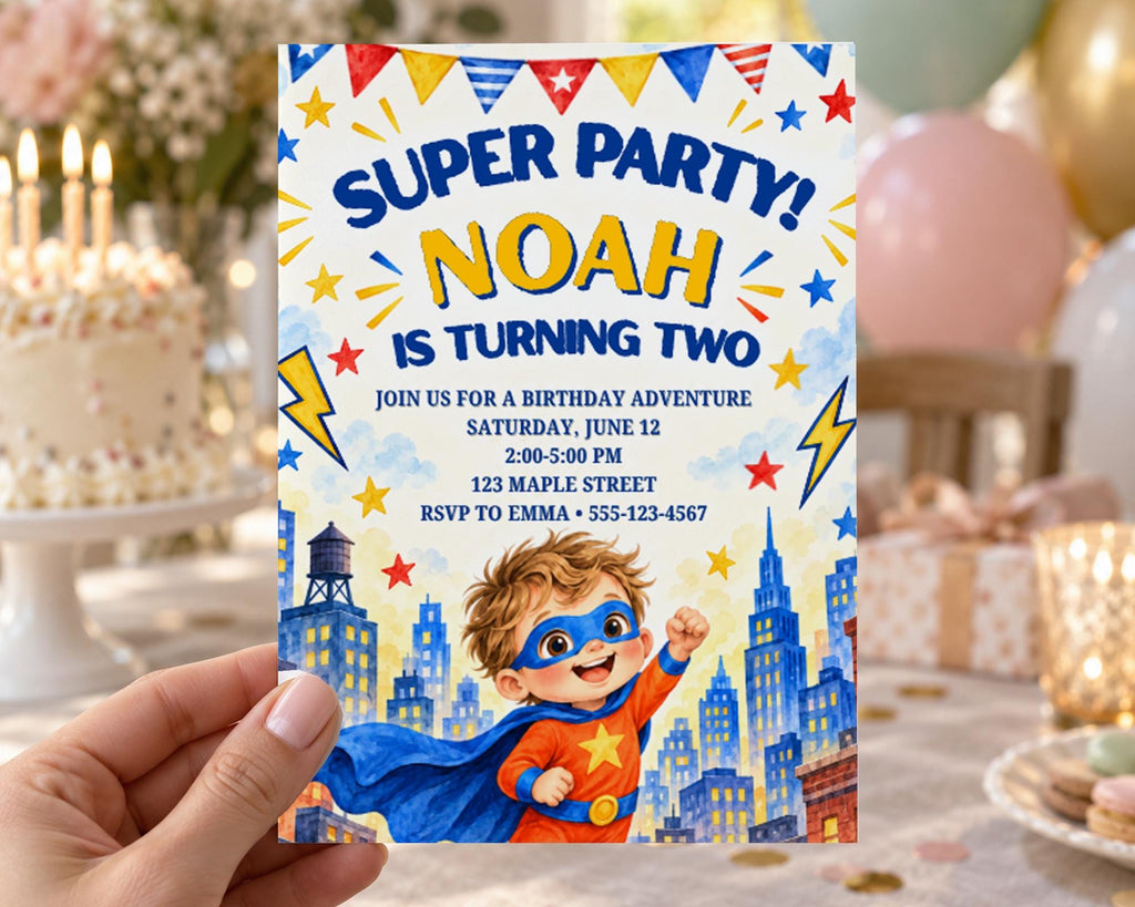 A hand holding a birthday party invitation for Noah, who is turning two, with a superhero theme.