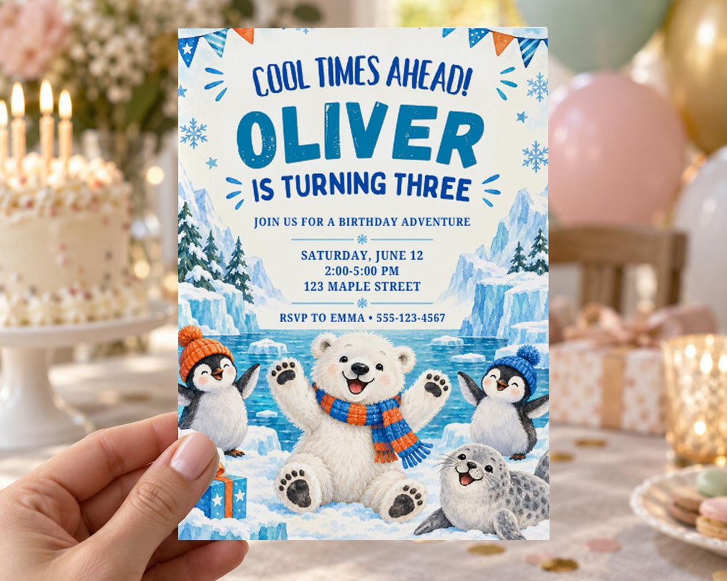 The image is a birthday invitation for a child named Oliver, who is turning three years old. The invitation features illustrations of a polar bear, penguins, and seals, along with the text "Cool times ahead! Oliver is turning three" and "Join us for a birthday adventure".