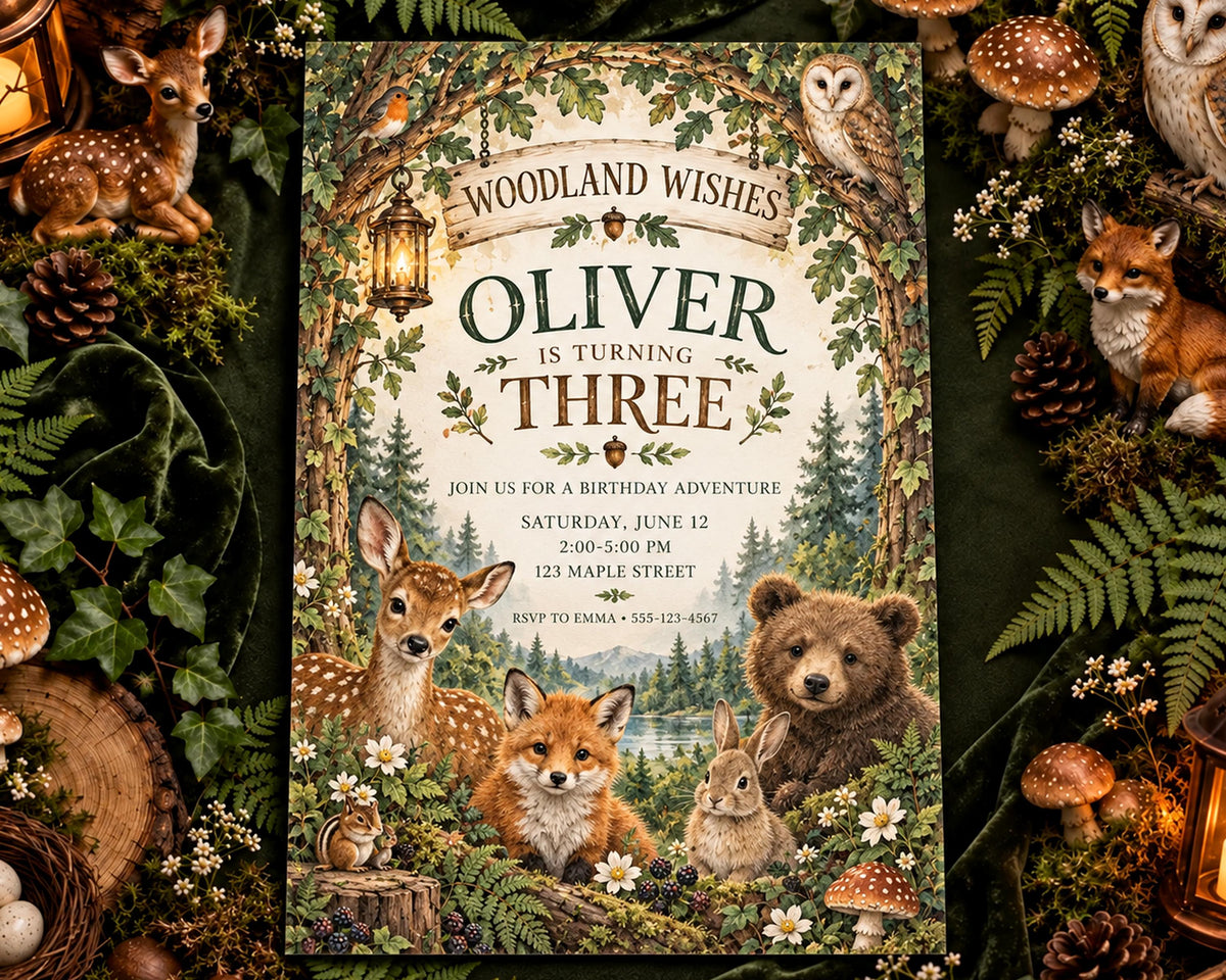 The image is a birthday invitation featuring woodland animals such as deer, fox, bear, and rabbit, surrounded by a forest scene and mushrooms.