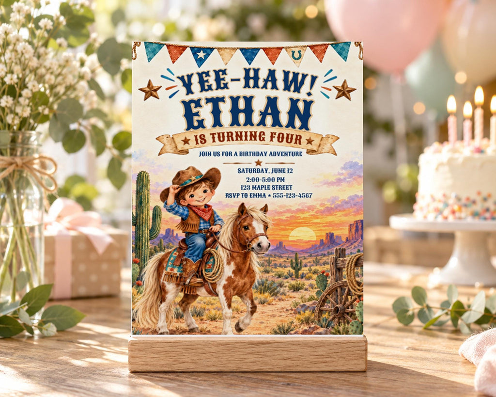The image is a birthday invitation for a boy named Ethan, featuring a cowboy riding a horse in a desert landscape with a sunset in the background.