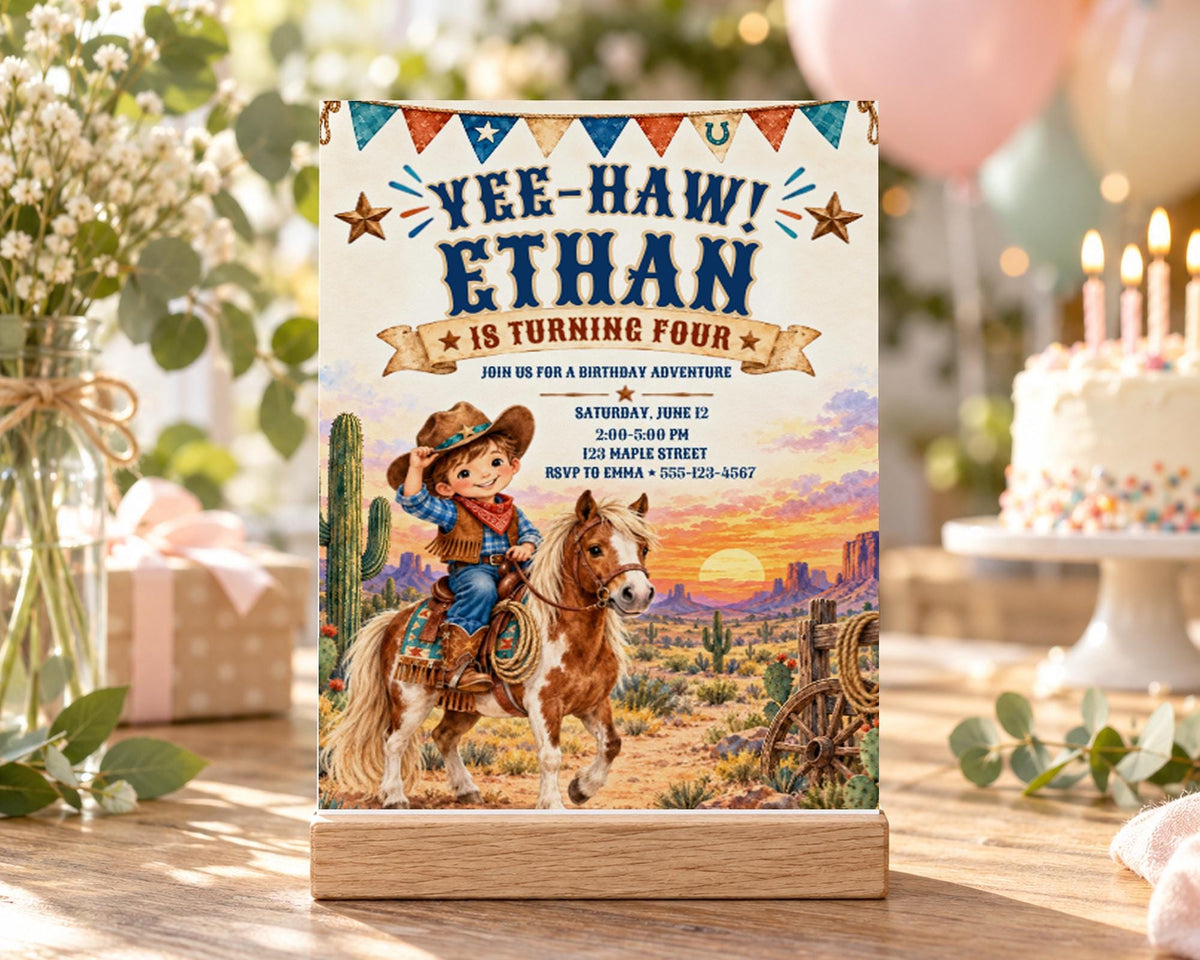 The image is a birthday invitation for a boy named Ethan, featuring a cowboy riding a horse in a desert landscape with a sunset in the background.