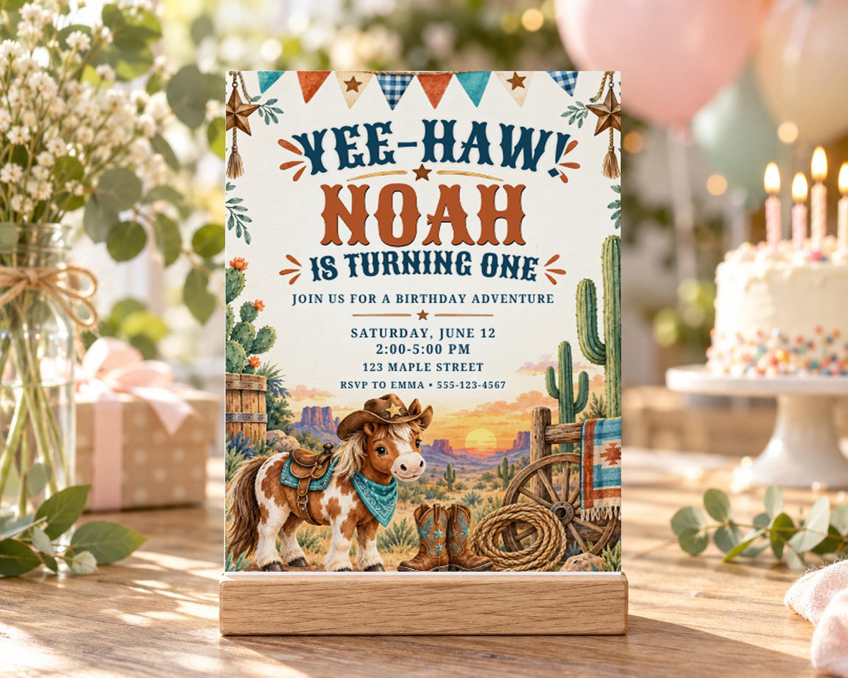 A birthday party invitation for a boy named Noah, featuring a cowboy theme with illustrations of a horse, cactus, and a wooden wagon.
