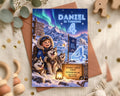 A birthday invitation for a child named Daniel, featuring a snowy landscape with a child and two dogs, along with a blue sky and the Northern Lights.