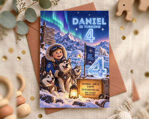 A birthday invitation for a child named Daniel, featuring a snowy landscape with a child and two dogs, along with a blue sky and the Northern Lights.